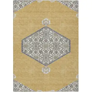 Photo of Gold Ivory And Beige Oriental Washable Indoor Outdoor Area Rug
