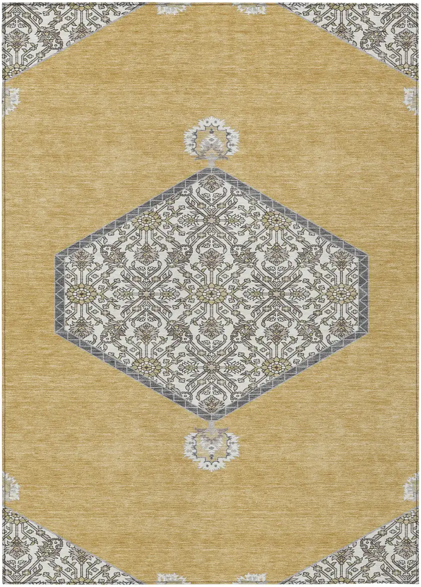 Gold Ivory And Beige Oriental Washable Indoor Outdoor Area Rug Photo 2