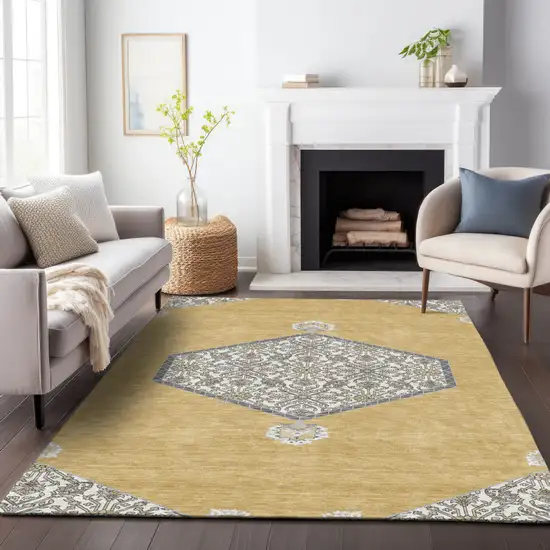 Gold Ivory And Beige Oriental Washable Indoor Outdoor Area Rug Photo 8