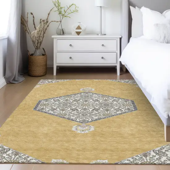 Gold Ivory And Beige Oriental Washable Indoor Outdoor Area Rug Photo 9