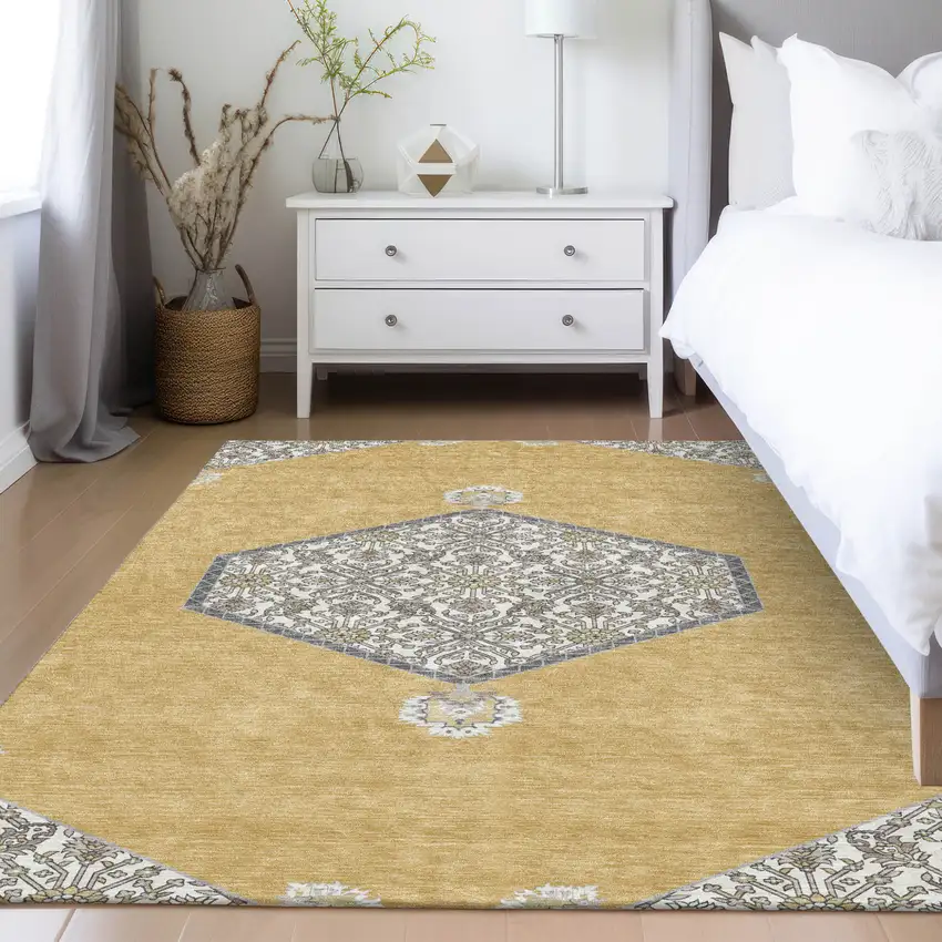 Gold Ivory And Beige Oriental Washable Indoor Outdoor Area Rug Photo 9
