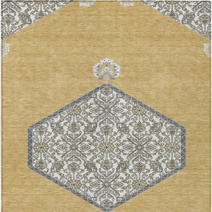 Gold Ivory And Beige Oriental Washable Indoor Outdoor Area Rug Photo 7
