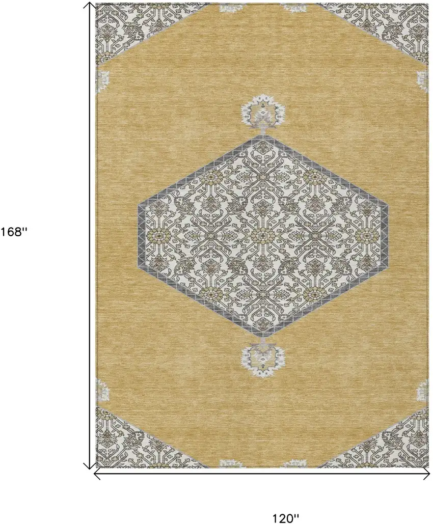 Gold Ivory And Beige Oriental Washable Indoor Outdoor Area Rug Photo 3
