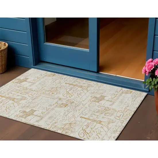 Gold Ivory And Beige Toile Washable Indoor Outdoor Area Rug Photo 2