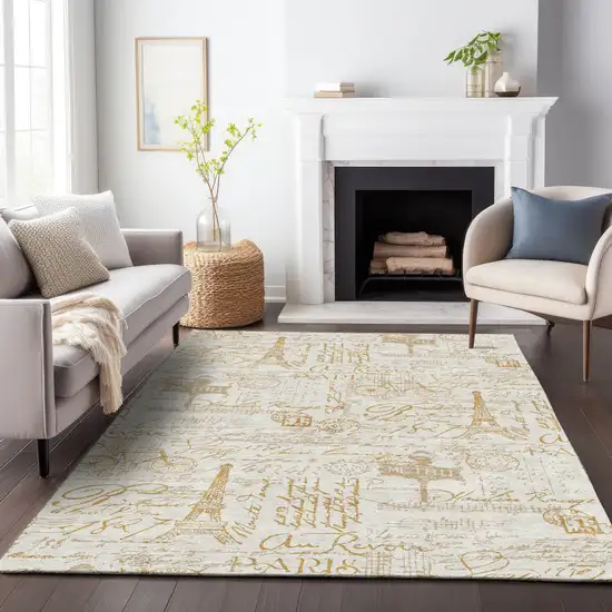 Gold Ivory And Beige Toile Washable Indoor Outdoor Area Rug Photo 9