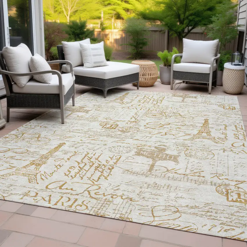 Gold Ivory And Beige Toile Washable Indoor Outdoor Area Rug Photo 9