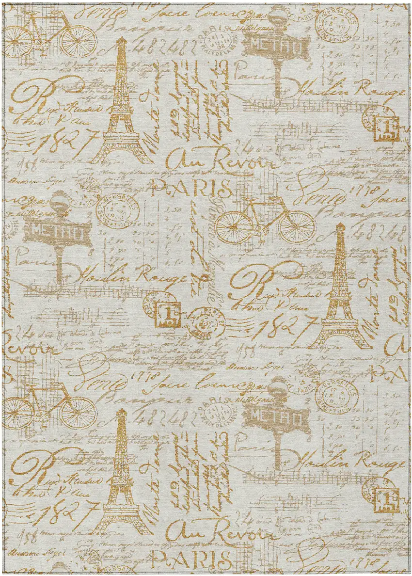 Gold Ivory And Beige Toile Washable Indoor Outdoor Area Rug Photo 3