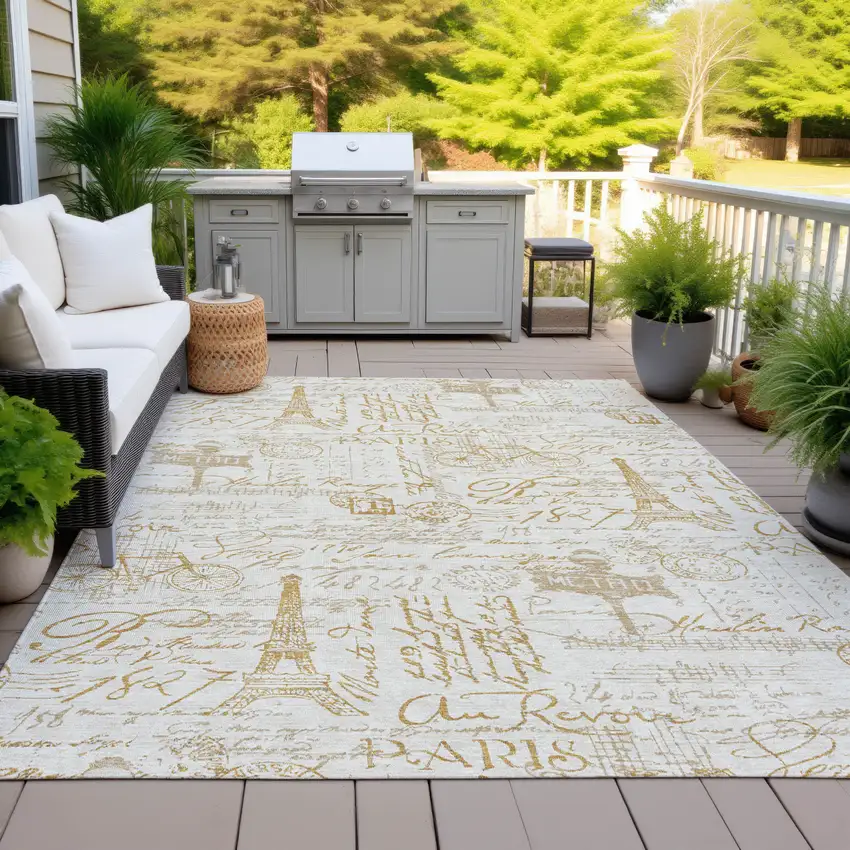 Gold Ivory And Beige Toile Washable Indoor Outdoor Area Rug Photo 8