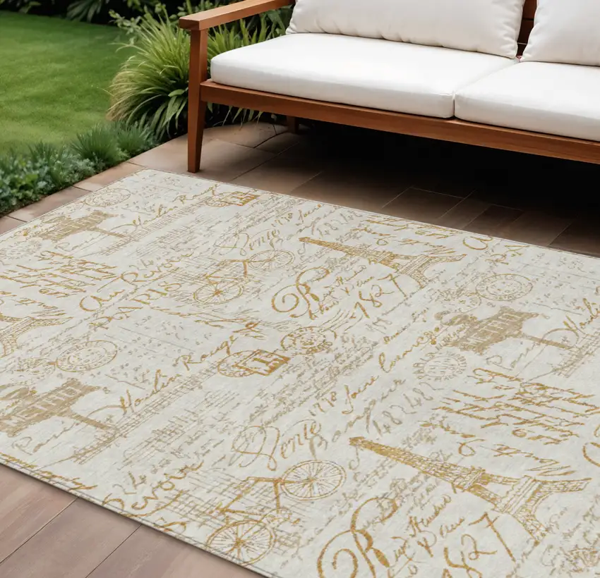 Gold Ivory And Beige Toile Washable Indoor Outdoor Area Rug Photo 2