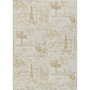 Photo of Gold Ivory And Beige Toile Washable Indoor Outdoor Area Rug
