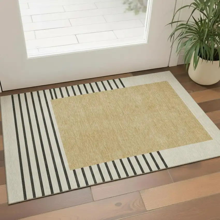 Gold Ivory And Black Striped Washable Area Rug With UV Protection Photo 2