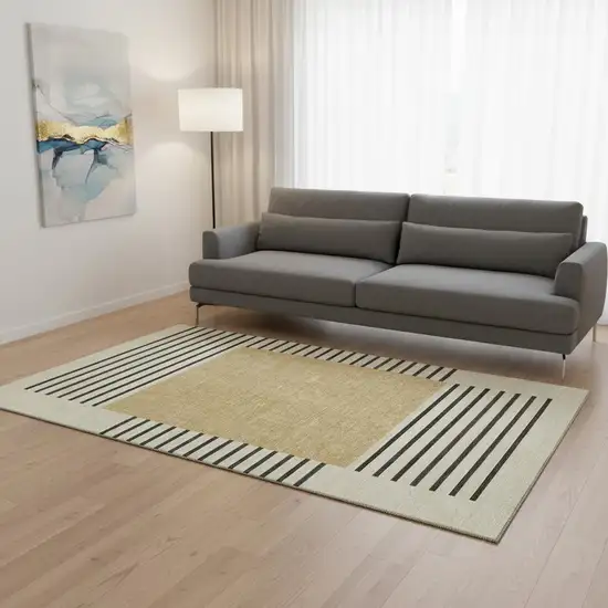 Gold Ivory And Black Striped Washable Area Rug With UV Protection Photo 2