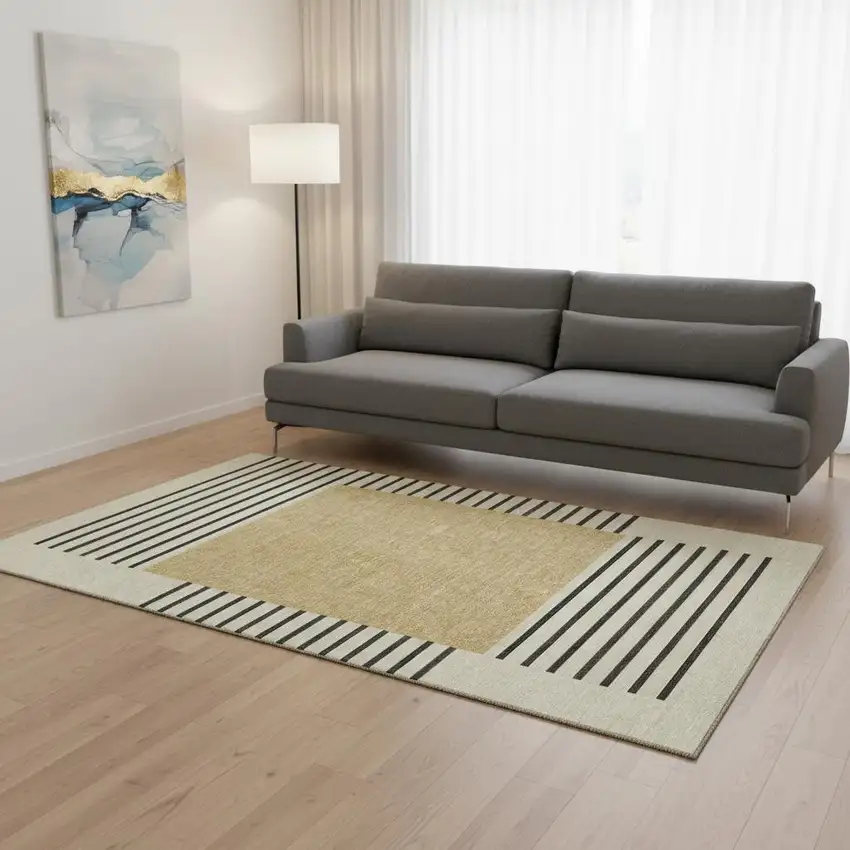 Gold Ivory And Black Striped Washable Area Rug With UV Protection Photo 2