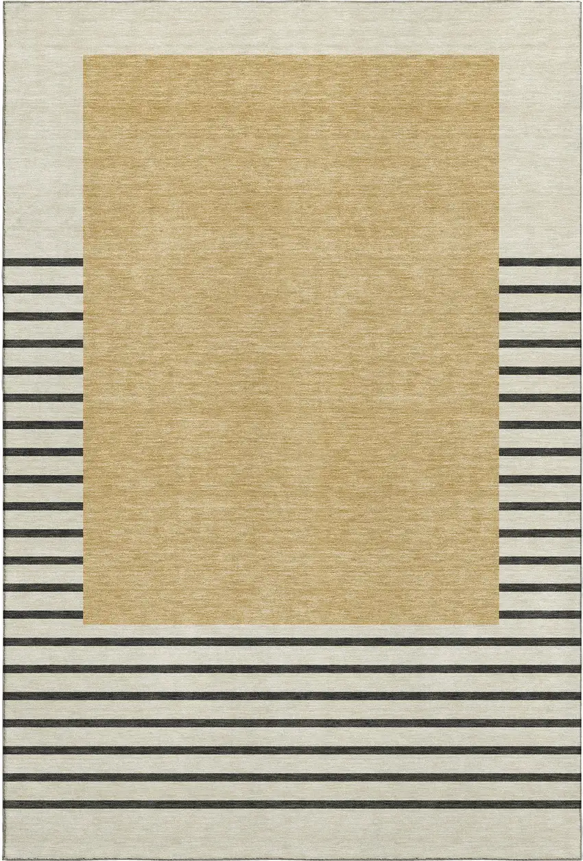 Gold Ivory And Black Striped Washable Area Rug With UV Protection Photo 1