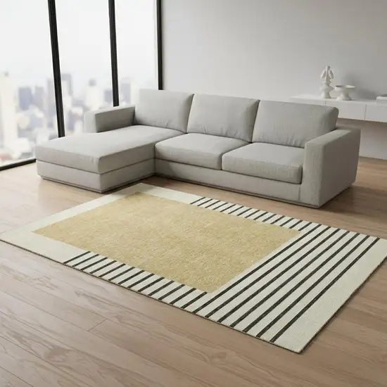 Gold Ivory And Black Striped Washable Area Rug With UV Protection Photo 2