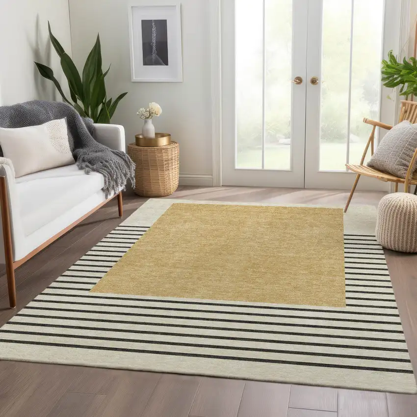 Gold Ivory And Black Striped Washable Area Rug With UV Protection Photo 3
