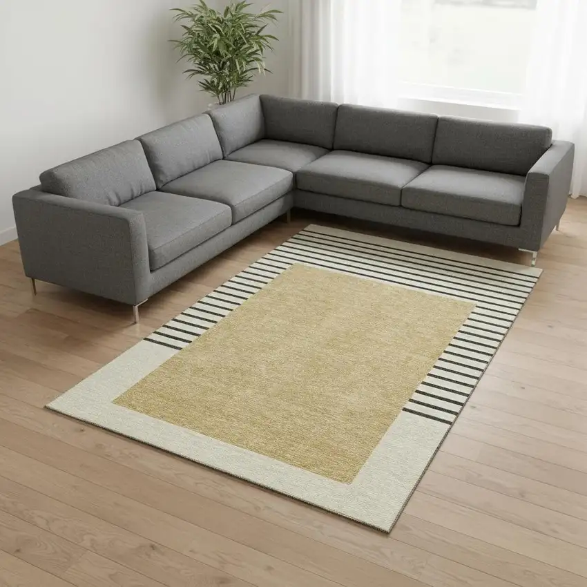 Gold Ivory And Black Striped Washable Area Rug With UV Protection Photo 2