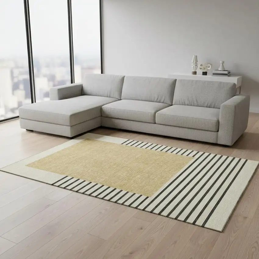 Gold Ivory And Black Striped Washable Area Rug With UV Protection Photo 2