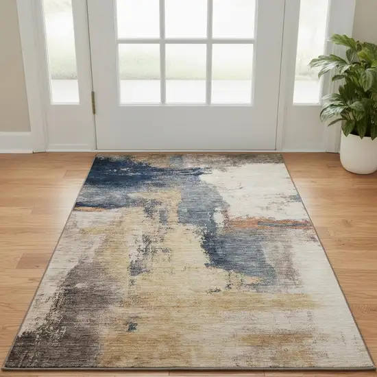 Gold Ivory And Blue Abstract Washable Area Rug With UV Protection Photo 2
