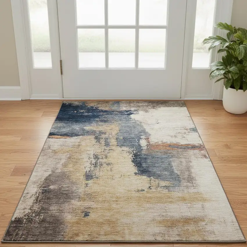Gold Ivory And Blue Abstract Washable Area Rug With UV Protection Photo 2