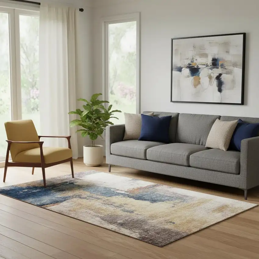 Gold Ivory And Blue Abstract Washable Area Rug With UV Protection Photo 2