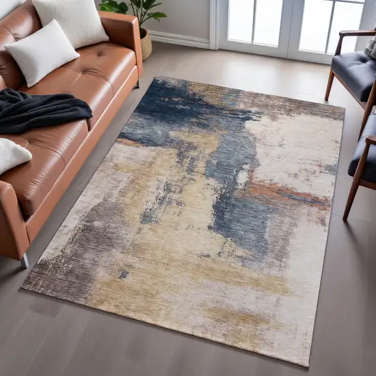Gold Ivory And Blue Abstract Washable Area Rug With UV Protection Photo 4