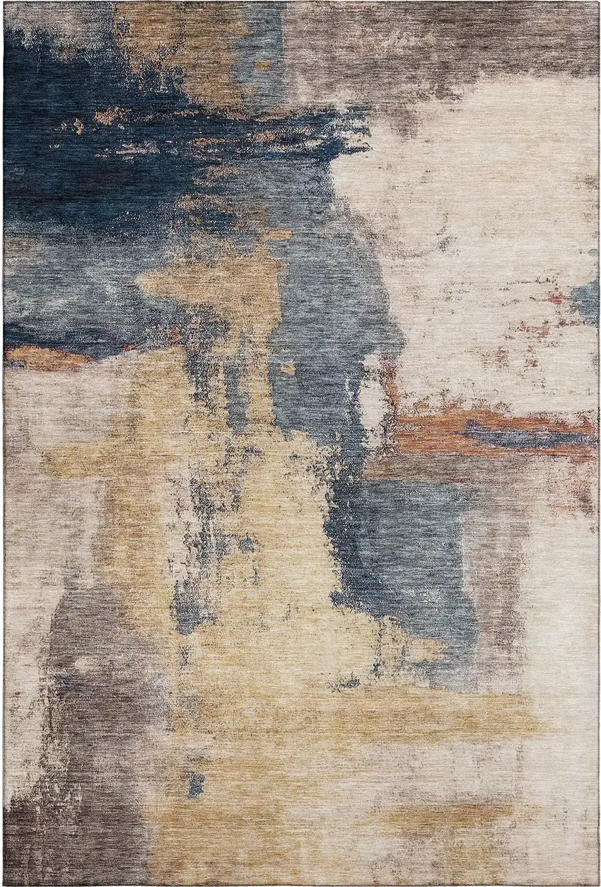 Gold Ivory And Blue Abstract Washable Area Rug With UV Protection Photo 1