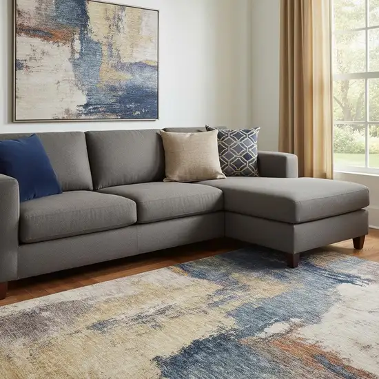 Gold Ivory And Blue Abstract Washable Area Rug With UV Protection Photo 2