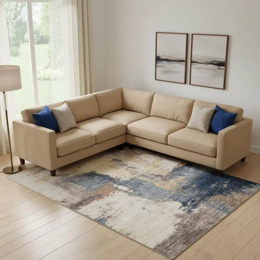 Gold Ivory And Blue Abstract Washable Area Rug With UV Protection Photo 2