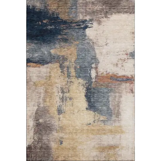 Gold Ivory And Blue Abstract Washable Area Rug With UV Protection Photo 1