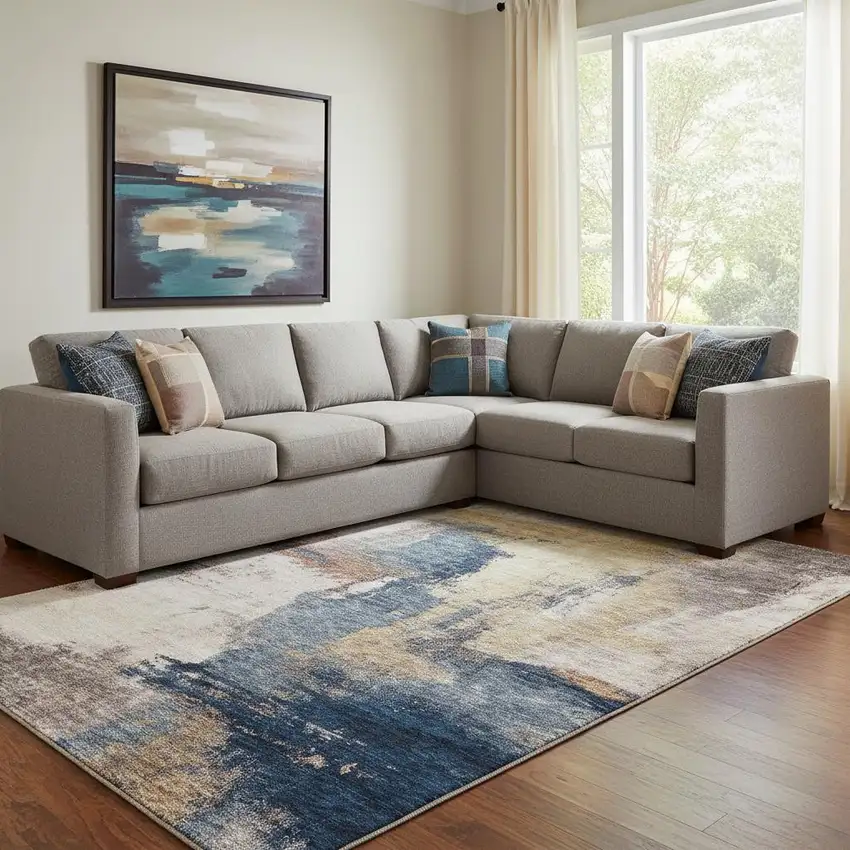 Gold Ivory And Blue Abstract Washable Area Rug With UV Protection Photo 2