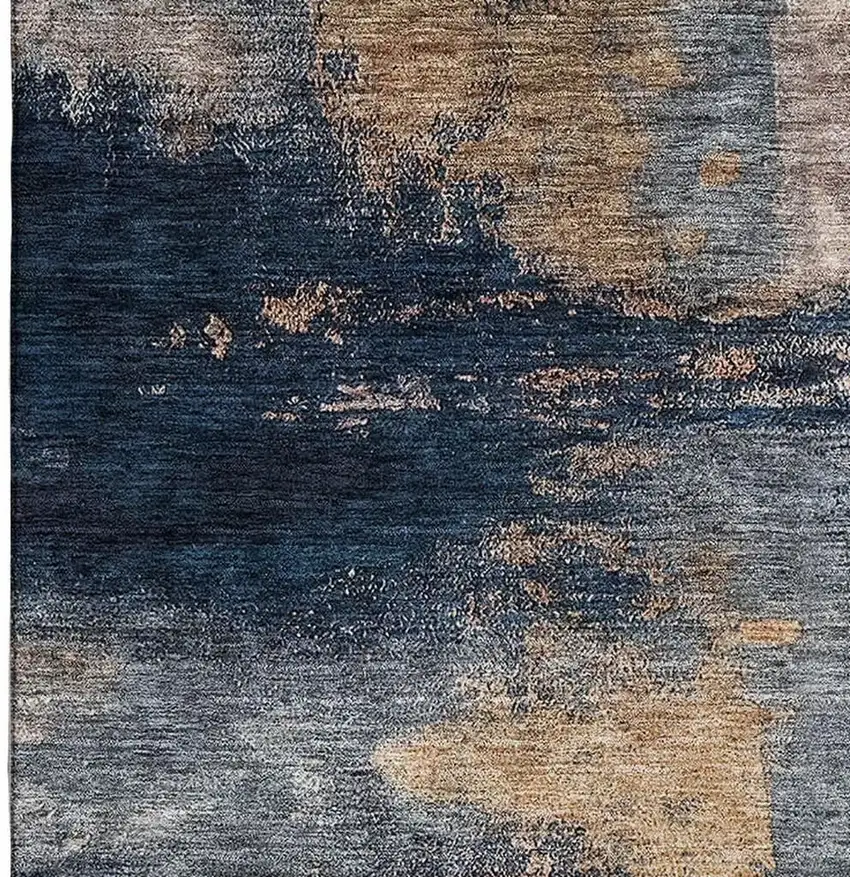 Gold Ivory And Blue Abstract Washable Area Rug With UV Protection Photo 2