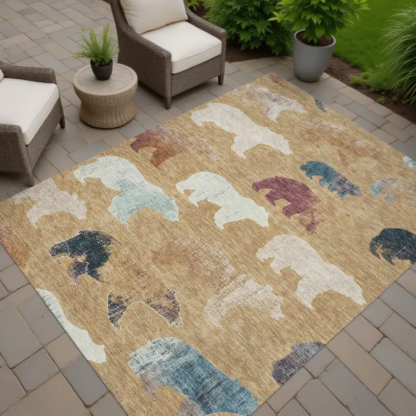 Gold Ivory And Blue Animal Print Washable Indoor Outdoor Area Rug Photo 8