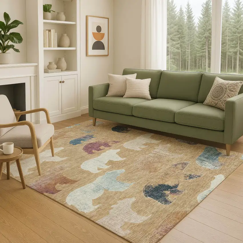 Gold Ivory And Blue Animal Print Washable Indoor Outdoor Area Rug Photo 9