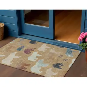 Photo of Gold Ivory And Blue Animal Print Washable Indoor Outdoor Area Rug