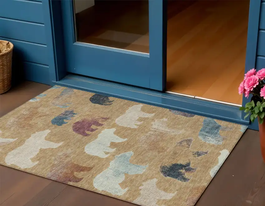 Gold Ivory And Blue Animal Print Washable Indoor Outdoor Area Rug Photo 1