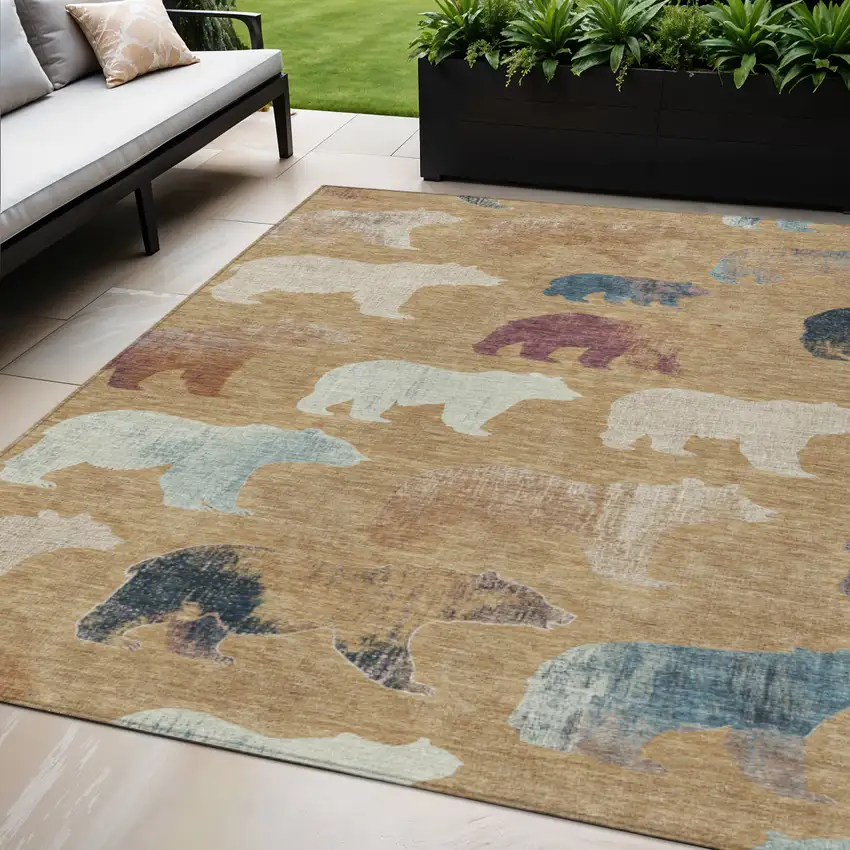 Gold Ivory And Blue Animal Print Washable Indoor Outdoor Area Rug Photo 1