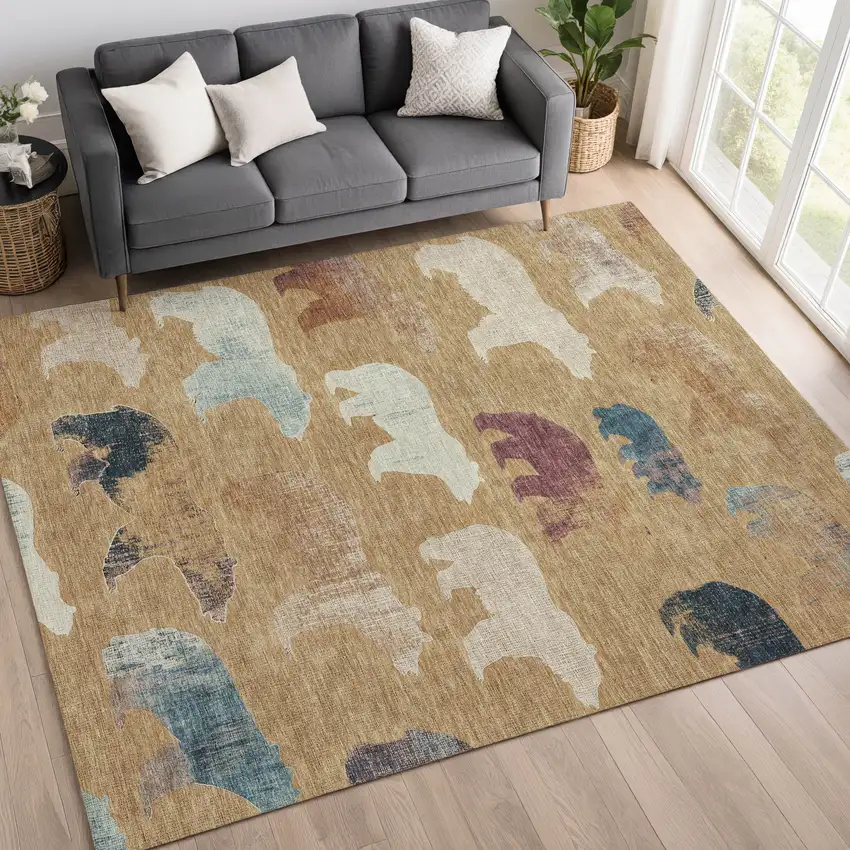 Gold Ivory And Blue Animal Print Washable Indoor Outdoor Area Rug Photo 9
