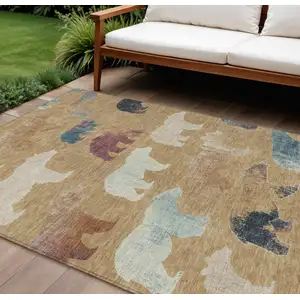 Photo of Gold Ivory And Blue Animal Print Washable Indoor Outdoor Area Rug