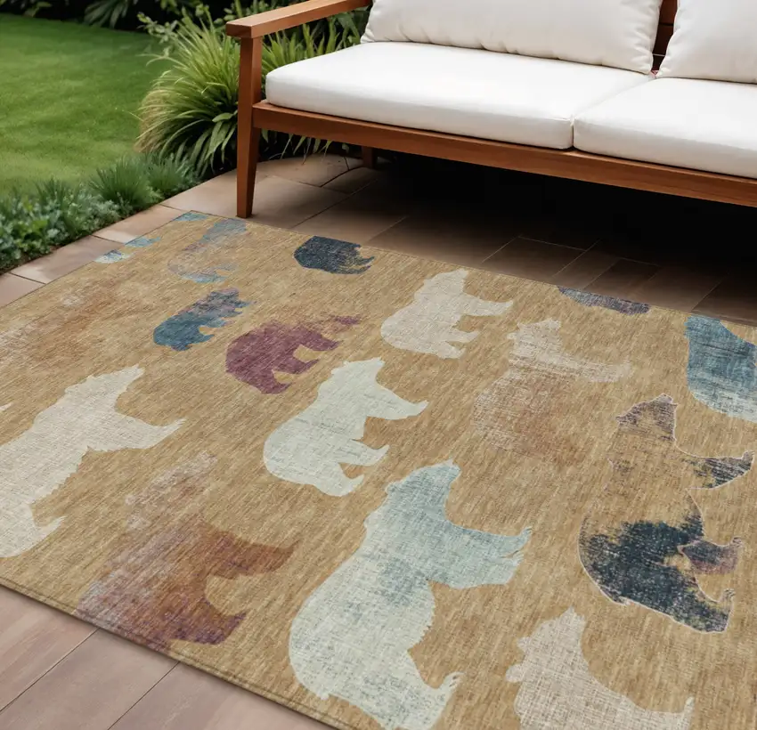 Gold Ivory And Blue Animal Print Washable Indoor Outdoor Area Rug Photo 1