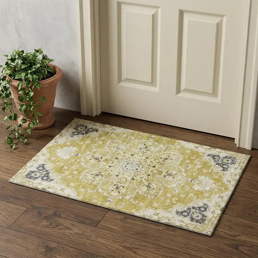 Gold Ivory And Blue Floral Medallion Distressed Washable Area Rug With UV Protection Photo 1