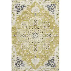 Photo of Gold Ivory And Blue Floral Medallion Washable Area Rug With UV Protection