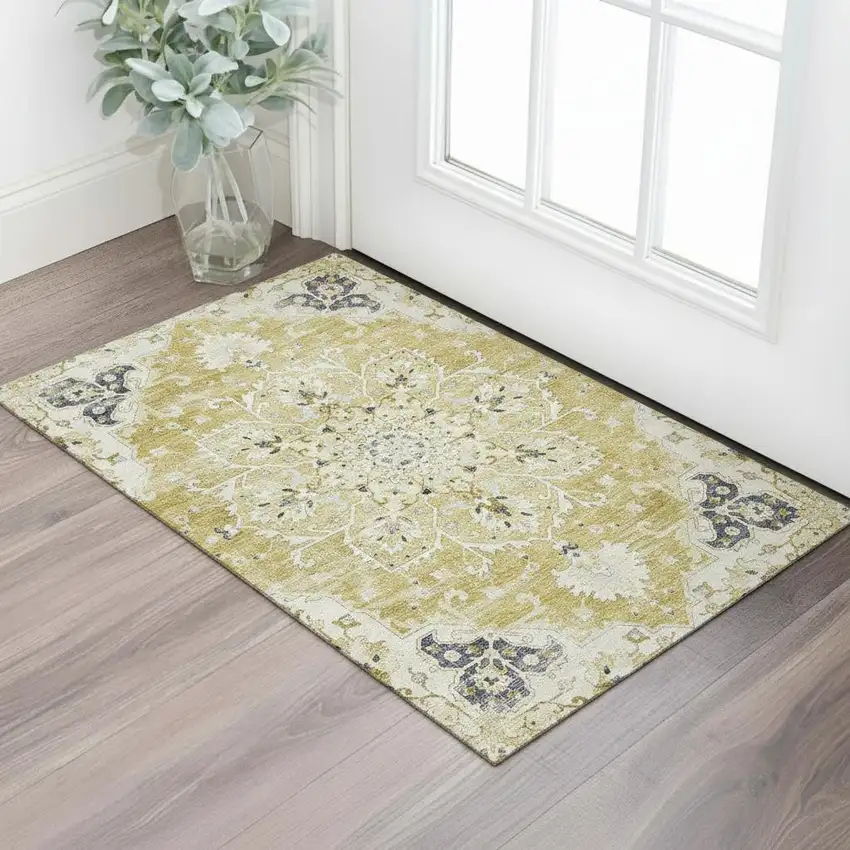 Gold Ivory And Blue Floral Medallion Washable Area Rug With UV Protection Photo 1