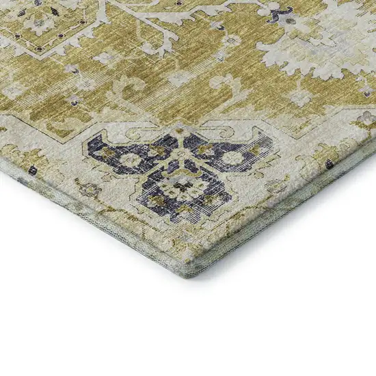 Gold Ivory And Blue Floral Medallion Washable Area Rug With UV Protection Photo 9