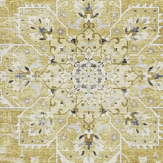 Gold Ivory And Blue Floral Medallion Washable Area Rug With UV Protection Photo 4