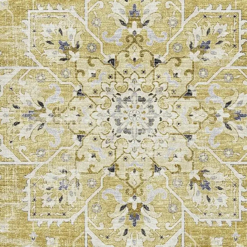 Gold Ivory And Blue Floral Medallion Washable Area Rug With UV Protection Photo 4