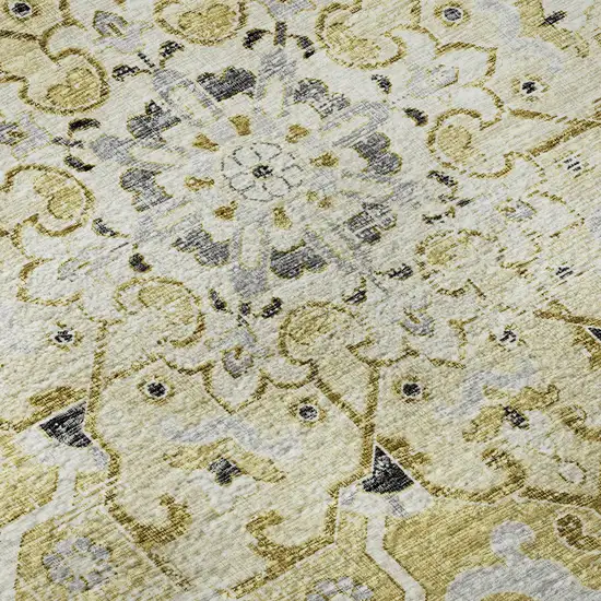 Gold Ivory And Blue Floral Medallion Distressed Washable Area Rug With UV Protection Photo 9