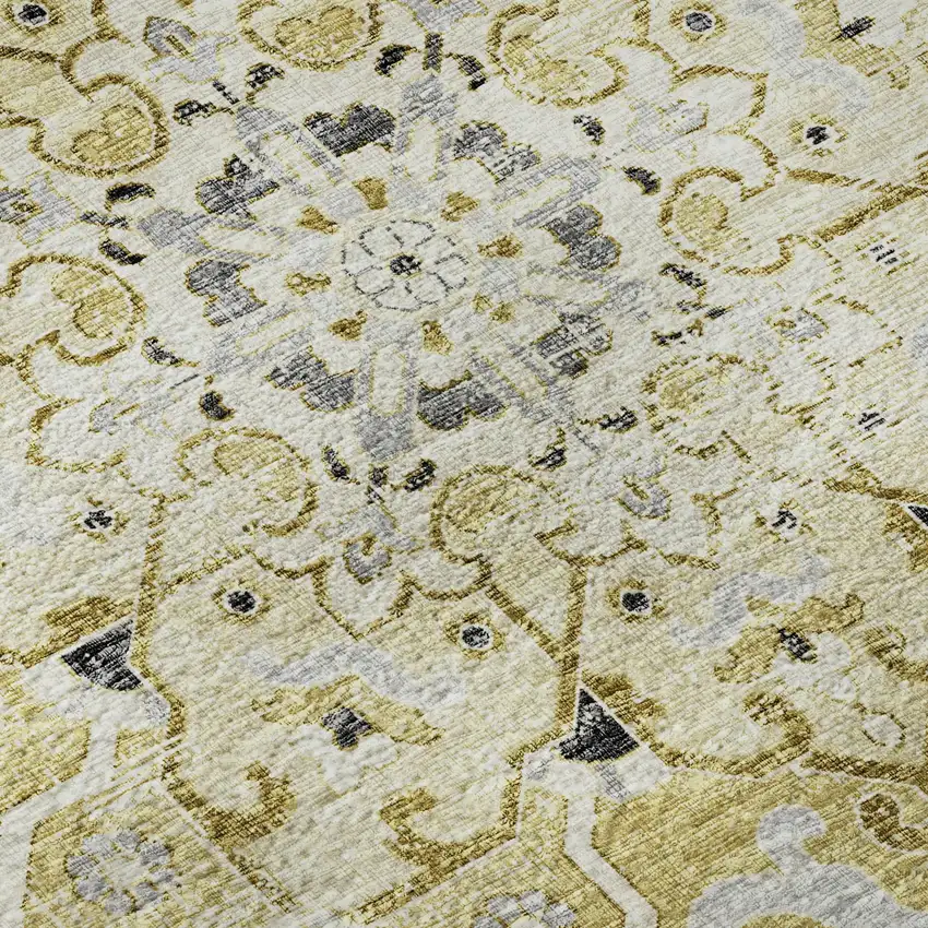 Gold Ivory And Blue Floral Medallion Distressed Washable Area Rug With UV Protection Photo 9