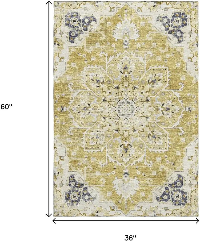 Gold Ivory And Blue Floral Medallion Washable Area Rug With UV Protection Photo 3