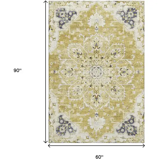 Gold Ivory And Blue Floral Medallion Washable Area Rug With UV Protection Photo 3